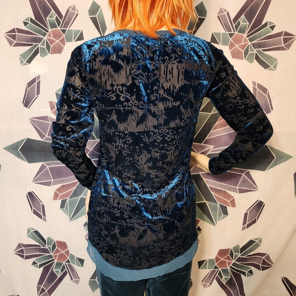 Simply Vera XS burnout semi sheer teal blue velvet long sleeve Top - Picture 3 of 12